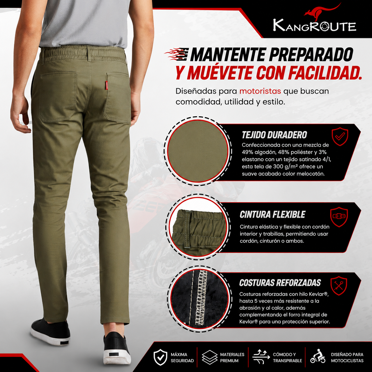 PANTALÓN CHÁNDAL DE MOTO UNISEX, ELÁSTICO, 100% FORRADO EN KEVLAR® Y CON PROTECCIONES GEL CE NIVEL 2. PANTALÓN CHÁNDAL DE MOTO UNISEX, ELÁSTICO, 100% FORRADO EN KEVLAR® Y CON PROTECCIONES GEL CE NIVEL 2.