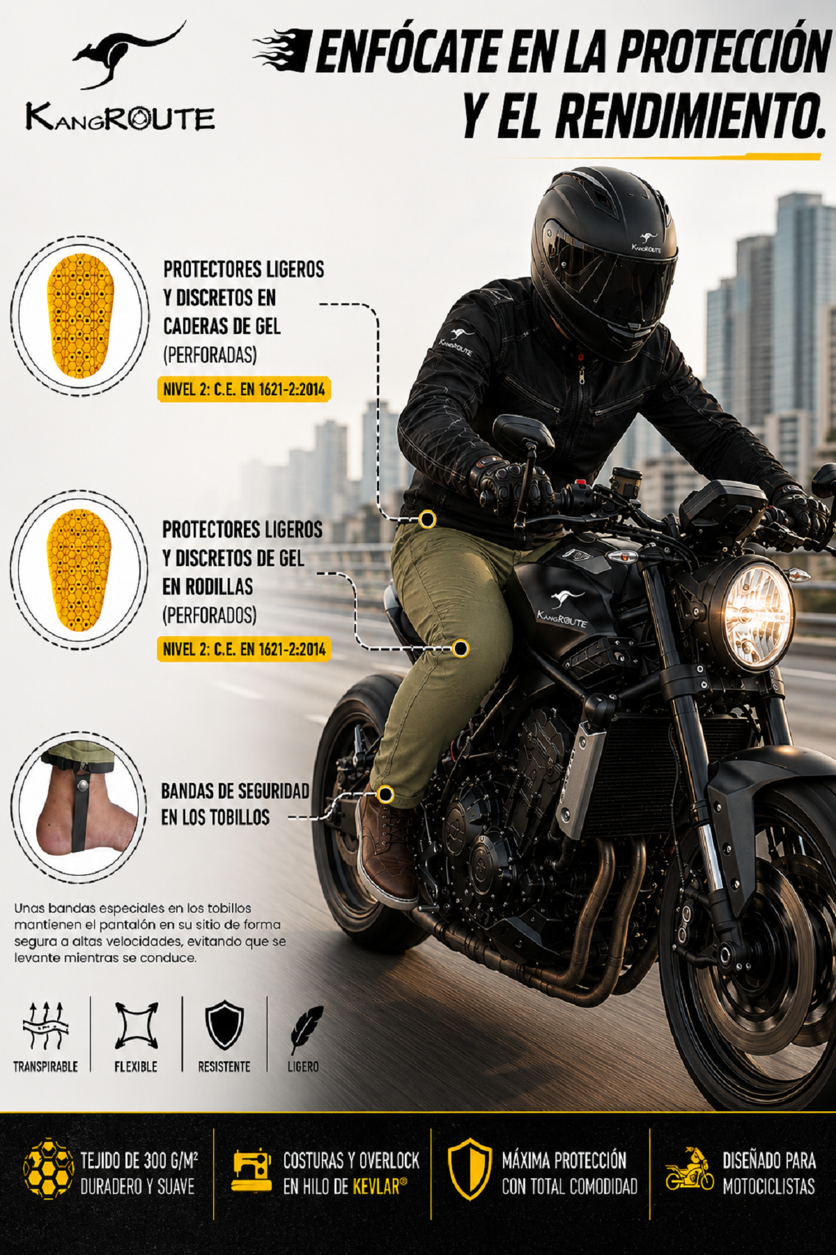 PANTALÓN CHÁNDAL DE MOTO UNISEX, ELÁSTICO, 100% FORRADO EN KEVLAR® Y CON PROTECCIONES GEL CE NIVEL 2. PANTALÓN CHÁNDAL DE MOTO UNISEX, ELÁSTICO, 100% FORRADO EN KEVLAR® Y CON PROTECCIONES GEL CE NIVEL 2.