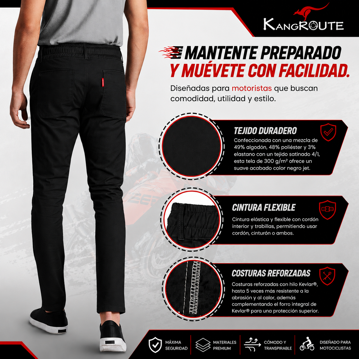 PANTALÓN CHÁNDAL DE MOTO UNISEX, ELÁSTICO, 100% FORRADO EN KEVLAR® Y CON PROTECCIONES GEL CE NIVEL 2. PANTALÓN CHÁNDAL DE MOTO UNISEX, ELÁSTICO, 100% FORRADO EN KEVLAR® Y CON PROTECCIONES GEL CE NIVEL 2.