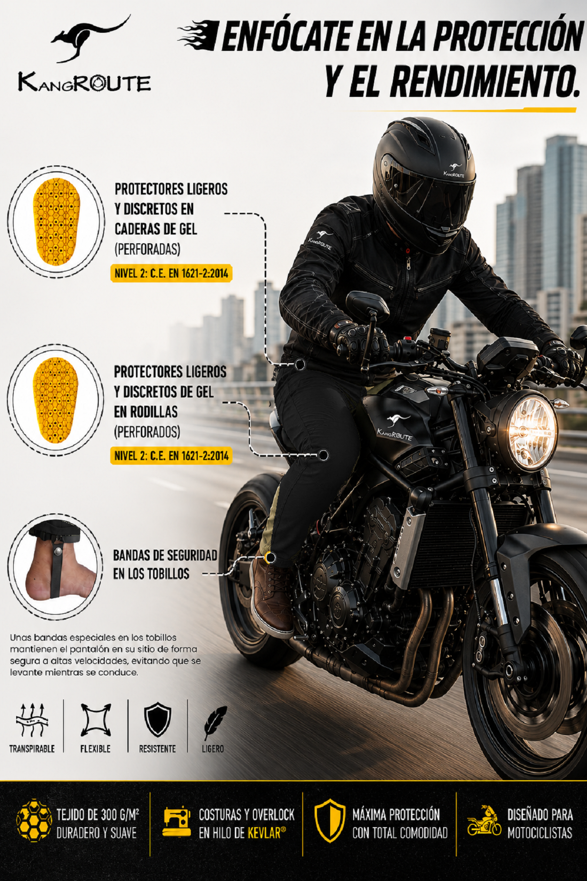 PANTALÓN CHÁNDAL DE MOTO UNISEX, ELÁSTICO, 100% FORRADO EN KEVLAR® Y CON PROTECCIONES GEL CE NIVEL 2. PANTALÓN CHÁNDAL DE MOTO UNISEX, ELÁSTICO, 100% FORRADO EN KEVLAR® Y CON PROTECCIONES GEL CE NIVEL 2.