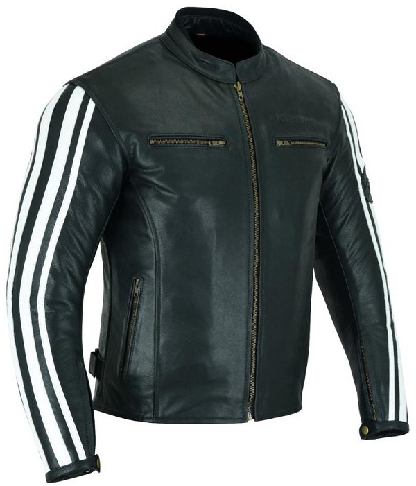 CHAQUETA DE MOTO EN PIEL ESTILO RETRO BLANCO NEGRO CON FORRO Y PROTECCIONES EXTRAIBLES