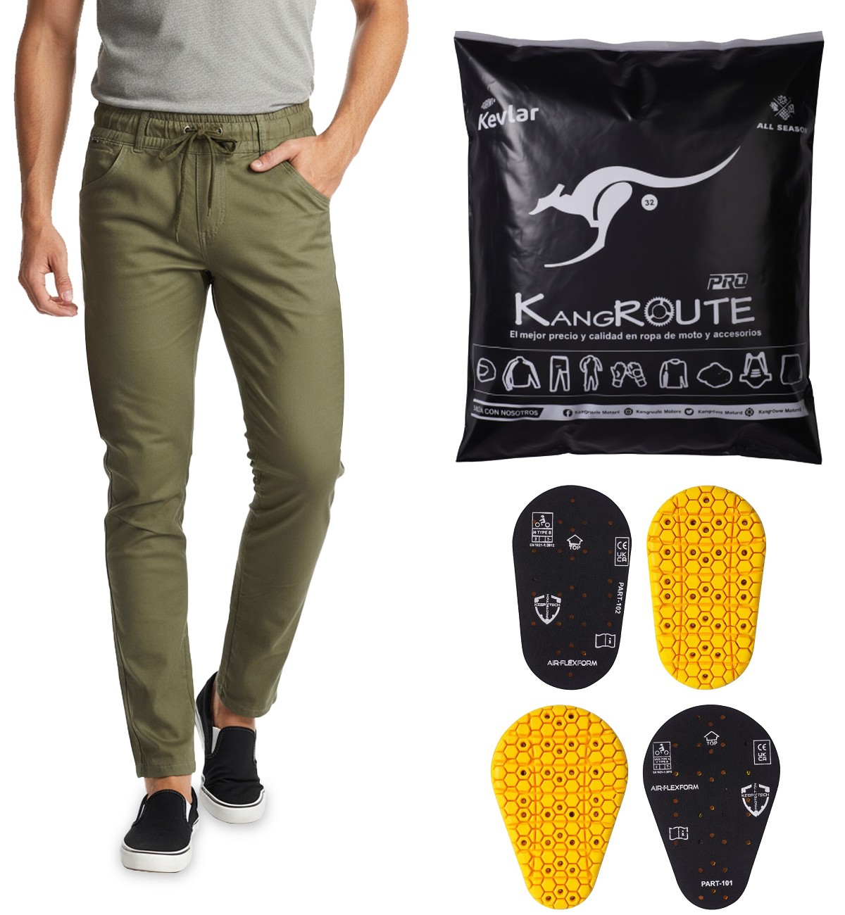 PANTAL&Oacute;N CH&Aacute;NDAL DE MOTO UNISEX, EL&Aacute;STICO, 100% FORRADO EN KEVLAR&reg; Y CON PROTECCIONES GEL CE NIVEL 2.