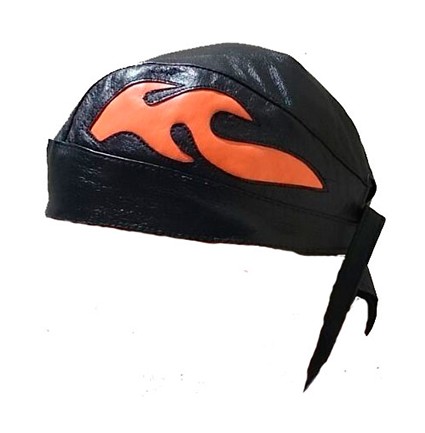 GORRA (BANDANA) DE PIEL PARA MOTO CUSTOM, DIBUJO DE LLAMAS NARANJAS